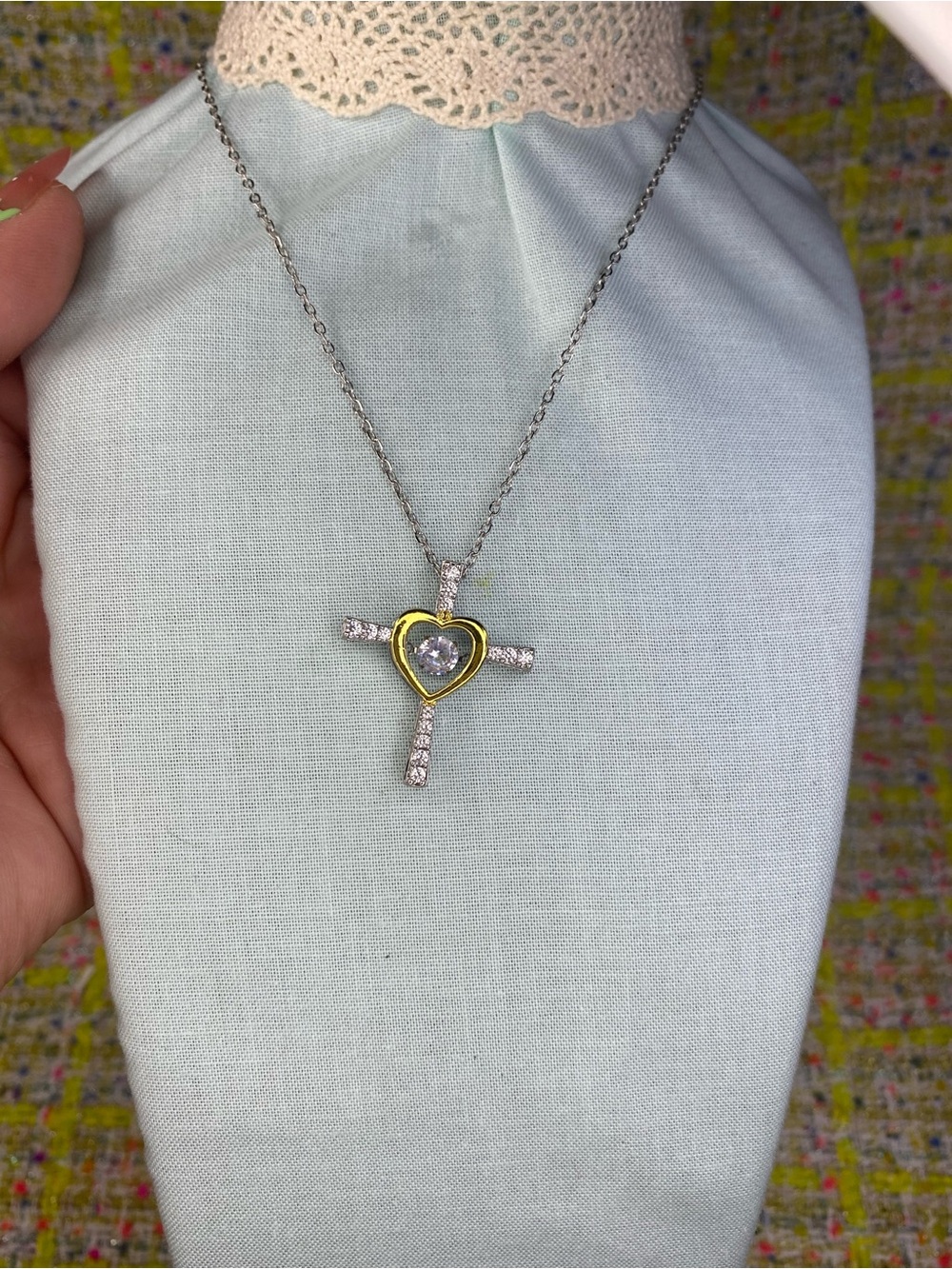 Sterling Silver Cross Pendant Necklace with Yellow Heart Accent